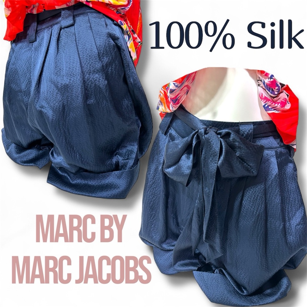 Marc By Marc Jacobs Deep Indigo Pleated Cuffed 100% Silk Paper Bag Shorts size 0